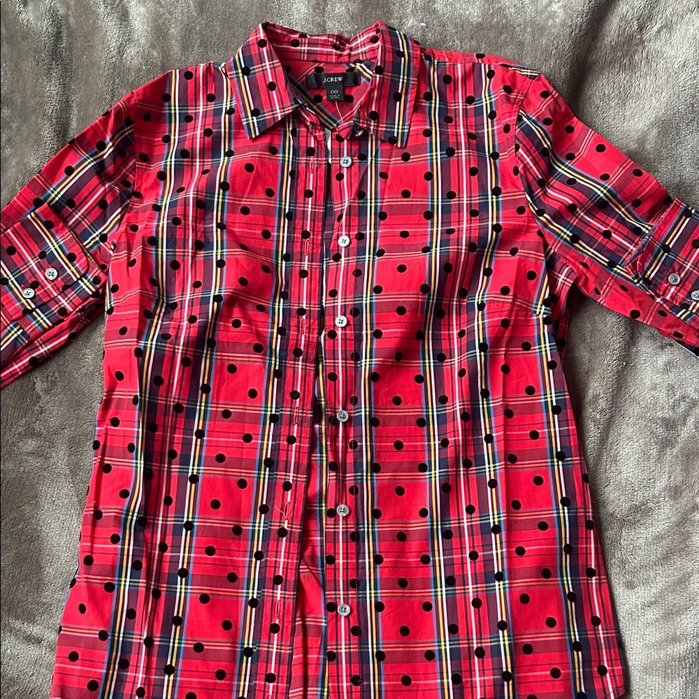 J Crew plaid button up with black textured polka dots